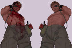  1boy abs bara beard belt big_boss blood_on_pectorals bouseded brown_hair cargo_pants cowboy_shot eyepatch facial_hair framed_crotch from_below full_beard highres large_pectorals looking_at_viewer male_focus mature_male metal_gear_(series) metal_gear_solid muscular muscular_male navel nipples pants pectorals smoke standing stomach thick_beard topless_male 