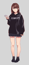  absurdres black_hoodie black_socks blue_eyes bright_pupils brown_hair cellphone closed_mouth clothes_writing female full_body grey_background grey_skirt highres holding holding_phone hood hood_down hoodie long_sleeves looking_at_viewer medium_hair miniskirt phone pleated_skirt print_hoodie simple_background skirt smartphone socks solo tonari_no_jk_ni_odosarete_iribitararetemasu white_pupils yukiyoshi_mamizu 