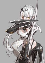  absurdres android blade breasts chinese_commentary commentary_request eyeliner female girls&#039;_frontline grey_background grig_(girls&#039;_frontline) highres long_hair makeup mechanical_arms mechanical_legs medium_breasts mo_geng nyto_(girls&#039;_frontline) paradeus partial_commentary pelvic_curtain solo very_long_hair white_hair yellow_eyes 