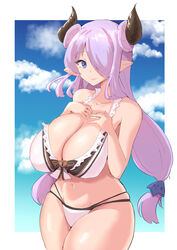  absurd_res big_breasts bikini breasts cleavage clothed clothing cygames draph female granblue_fantasy hair hair_over_eye hi_res horn horned_humanoid humanoid kai_kageo narmaya nipples one_eye_obstructed pink_hair solo swimwear 