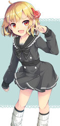  :d black_bow black_dress black_sailor_collar blonde_hair blush bow collarbone commentary_request dress female grey_background hair_ribbon hand_up highres kneehighs long_sleeves looking_at_viewer loose_socks oerba_yun_fang pleated_dress puffy_long_sleeves puffy_sleeves red_eyes red_ribbon ribbed_legwear ribbon rumia sailor_collar sailor_dress sleeves_past_wrists smile socks solo standing touhou two-tone_background uumaru white_background white_socks 