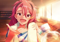  blonde_hair bottle commentary_request female hairband highres idolmaster idolmaster_million_live! looking_at_viewer maihama_ayumu multicolored_hair open_mouth pink_eyes pink_hair pov sanami_(sanami_t_38) shirt smile solo sweat t-shirt towel twilight upper_body water_bottle 