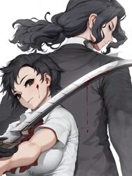  1boy back-to-back black_hair blood blood+ blood_on_face blue_eyes closed_mouth dripping female formal hagi_(blood+) holding holding_sword holding_weapon katana letdie1414 long_hair looking_back otonashi_saya red_eyes red_neckwear short_hair simple_background suit sword upper_body weapon white_background 