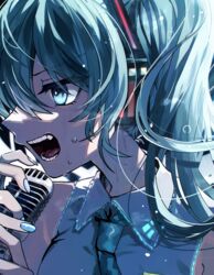  blue_eyes blue_hair blue_nails blue_necktie collared_shirt commentary danjou_sora female hair_between_eyes hatsune_miku highres holding holding_microphone long_hair microphone miku_day nail_polish necktie profile shirt sleeveless sleeveless_shirt solo sweat twintails upper_body vocaloid white_shirt 