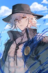  1boy :| chinese_commentary closed_mouth cloud edmond_dantes_(fate) edmond_dantes_(monte_cristo_selection)_(fate) expressionless fate/grand_order fate_(series) fedora glasses hat highres jacket jacket_on_shoulders jewelry looking_at_viewer lsuiany male_focus necklace pectorals scar sky solo upper_body wavy_hair white_hair yellow_eyes 