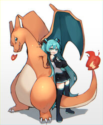  absurdres aqua_eyes aqua_hair aqua_necktie back-to-back bare_shoulders black_legwear black_skirt black_sleeves boots breath_weapon breathing_fire charizard commentary crossed_arms crossover detached_sleeves dragon female fire flame-tipped_tail full_body grey_shirt hair_ornament hatsune_miku headphones high_heels highres long_hair looking_at_viewer miniskirt necktie open_mouth pleated_skirt pokemon pokemon_(creature) reirou_(chokoonnpu) sharp_teeth shirt skirt sleeveless sleeveless_shirt smile smug standing symbol-only_commentary teeth thigh_boots thighhighs twintails very_long_hair vocaloid white_background wings zettai_ryouiki 