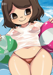  absurdres animal_crossing ball beachball bikini breasts brown_eyes brown_hair closed_mouth collarbone covered_nipples eyelashes female fingernails highres medium_breasts muramasa_mikado murana_(muramasa_mikado) navel no_pupils red_bikini shirt short_hair smile solo swimsuit t-shirt thighs villager_(animal_crossing) wet wet_clothes wet_shirt white_shirt 