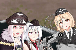  3girls absurdres blonde_hair brown_eyes girls&#039;_frontline gun hat highres kar98k_(girls&#039;_frontline) la_grande_vadrouille long_hair machine_gun mg42 mg42_(girls&#039;_frontline) mp40_(girls&#039;_frontline) multiple_girls parody peaked_cap purple_eyes red_eyes short_hair weapon white_hair yamamoto_isuzu 