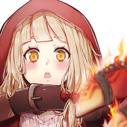  :o belt belt_buckle blonde_hair blurry blurry_foreground blush buckle female fire hair_between_eyes hair_ribbon highres long_hair looking_at_viewer portrait red_hood red_riding_hood_(sinoalice) ribbon rico_tta simple_background sinoalice solo white_background yellow_eyes 