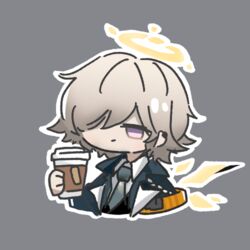  1boy arknights banbon black_jacket chibi commentary cropped_torso cup disposable_coffee_cup disposable_cup enforcer_(arknights) grey_background grey_hair grey_necktie hair_over_one_eye halo holding holding_cup jacket lowres male_focus necktie open_clothes open_jacket purple_eyes short_hair simple_background solo upper_body 