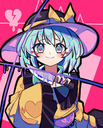  absurdres aqua_eyes aqua_hair bad_id bad_pixiv_id black_hat blouse blush chinese_commentary closed_mouth collared_shirt commentary_request eyeball female frilled_shirt_collar frilled_sleeves frills furrowed_brow hair_between_eyes hat hat_ribbon heart highres komeiji_koishi kyouda_suzuka_(style) lian_mang long_sleeves looking_at_viewer medium_hair parody pink_background ribbon shirt sidelocks smile solo style_parody third_eye touhou upper_body wavy_hair wide_sleeves yellow_ribbon yellow_shirt 