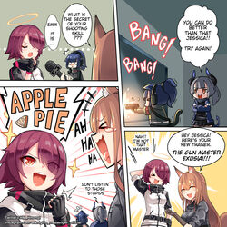  4girls angel_wings animal_ears arknights blonde_hair blue_hair english_commentary english_text exusiai_(arknights) eyes_visible_through_hair firing fox_ears franka_(arknights) grey_hair halo horns interview jessica_(arknights) laughing liskarm_(arknights) microphone multiple_girls phandit_thirathon red_hair shooting_range tearwell wings 