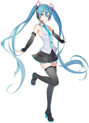  armpits bare_shoulders bib_(bibboss39) black_footwear black_skirt blue_eyes blue_hair blue_nails blush boots breasts collared_shirt detached_sleeves female full_body hair_ornament hatsune_miku hatsune_miku_(vocaloid4) headphones high_heel_boots high_heels highres leg_up long_hair long_sleeves looking_at_viewer miniskirt necktie pleated_skirt shirt simple_background skirt small_breasts smile solo standing standing_on_one_leg thigh_boots thighhighs twintails v4x very_long_hair vocaloid white_background white_shirt zettai_ryouiki 