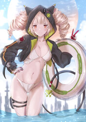  absurdres animal_ears audio_jack bikini black_jacket blonde_hair breasts cable cable_tail drill_hair fake_animal_ears female gloves hand_on_own_hip highres holding holding_swim_ring hood hooded_jacket innertube jacket junebuart long_sleeves looking_at_viewer mechanical_tail navel outdoors partially_submerged red_eyes shiro_(tower_of_fantasy) smile solo swim_ring swimsuit tail thigh_strap tower_of_fantasy twin_drills v water white_bikini white_gloves 