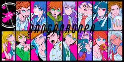  6+boys 6+girls :3 :o :p armband artist_name asahina_aoi bandaged_arm bandages baseball_bat black_background black_border black_gloves black_hair black_jacket black_nails black_shirt blonde_hair blood blue_eyes blue_hair blue_sailor_collar bonnet book border bow bracelet braid breasts brown_eyes brown_hair brown_shirt brown_skirt bullet buttons celestia_ludenberg chains chalk character_name chips_(food) chopsticks cleavage closed_mouth collarbone collared_shirt column_lineup commentary_request copyright_name cosplay covering_own_mouth crystal_ball danganronpa:_trigger_happy_havoc danganronpa_(series) doughnut dragon_print dreadlocks dress_shirt drill_hair ear_piercing earrings english_text enoshima_junko enoshima_junko_(cosplay) everyone facial_hair fat fat_man finger_to_head food freckles frilled_jacket frills from_side frown fujisaki_chihiro fukawa_toko gakuran glasses gloves goatee gothic_lolita green_eyes green_hoodie green_jacket grey_hair grey_jacket grey_shirt hagakure_yasuhiro hair_ornament hair_ribbon hairbow hairclip halftone halftone_background hand_in_own_hair hand_up hands_up hat heart highres holding holding_book holding_chalk holding_chopsticks holding_food hood hood_down hoodie ikusaba_mukuro index_finger_raised ishimaru_kiyotaka jacket jacket_on_shoulders jewelry kirigiri_kyoko knee_up kuwata_leon large_breasts large_hands leather leather_gloves lolita_fashion long_hair long_sleeves looking_at_viewer loose_necktie maizono_sayaka medium_breasts multicolored_hair multiple_boys multiple_girls muscular muscular_female naegi_makoto nail_polish neck_ribbon neckerchief necktie ogami_sakura open_book open_clothes open_jacket open_mouth open_shirt otoko_no_ko owada_mondo own_hands_together piercing pink_background pink_blood pink_bow pink_eyes playing_with_own_hair polka_dot_necktie pompadour purple_eyes purple_hair rabbit_hair_ornament red_eyes red_hair red_jacket red_necktie red_skirt ribbon ring round_eyewear sailor_collar scar scar_on_face school_uniform serafuku shirt short_hair side_braid simple_background skirt smile spoilers stubble tearing_up teeth tege_(tege_xxx) togami_byakuya tongue tongue_out tongue_piercing twin_braids twin_drills twintails two-tone_hair upper_body upper_teeth_only white_jacket white_necktie white_ribbon white_shirt yamada_hifumi zipper 