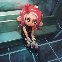  agent_8_(splatoon) bench black_footwear boots bracelet female from_above highres jewelry kunitarou-art octoling octoling_girl octoling_player_character orange_eyes red_hair shirt sitting sleeveless sleeveless_shirt solo splatoon_(series) splatoon_2 splatoon_2:_octo_expansion suction_cups tentacle_hair 