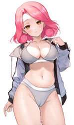  bra breasts cameltoe cleavage eden_(shiroki_yuutsu) female jacket large_breasts medium_hair nail_polish navel original panties pink_hair simple_background solo standing stomach sweat swept_bangs underwear vanilla_(eden_(shiroki_yuutsu)) white_background yellow_eyes 