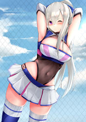  ;| absurdres areola_slip armpit_cutout armpits arms_behind_head azur_lane black_leotard blue_sky blue_thighhighs blush bow braid breasts casablanca_(azur_lane) casablanca_(cheer_squad_on_break)_(azur_lane) chain-link_fence cheerleader cleavage cleavage_cutout clothing_cutout cloud commentary covered_navel cowboy_shot crop_top day female fence groin hair_between_eyes hairbow highleg highleg_leotard highres kebohan large_breasts leotard leotard_under_clothes long_hair long_sleeves looking_at_viewer midriff miniskirt navel official_alternate_costume one_eye_closed outdoors pleated_skirt ponytail purple_eyes revision ribbed_legwear sidelocks skirt sky solo standing thighhighs twitter_username two-tone_skirt white_hair white_skirt zettai_ryouiki 