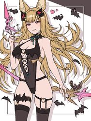  animal_ears bare_shoulders belt blonde_hair erune female garter_straps granblue_fantasy hair_ornament highleg highleg_leotard highres leotard ll_0109 long_hair metera_(granblue_fantasy) mole mole_under_mouth skindentation solo thighhighs 