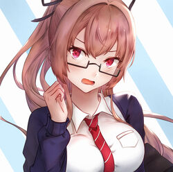  absurdres azur_lane blue_background blue_cardigan breasts brown_hair cardigan collared_shirt fangxingdeyinxue female highres large_breasts light_blush long_hair necktie official_alternate_costume open_cardigan open_clothes open_mouth red_eyes red_necktie school_uniform semi-rimless_eyewear shirt simple_background solo striped striped_background striped_necktie swiftsure_(azur_lane) swiftsure_(study_hall_cyclamen)_(azur_lane) under-rim_eyewear uniform upper_body white_background white_shirt wing_collar 