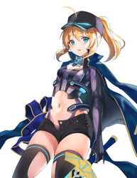  absurdres ahoge aqua_eyes artoria_pendragon_(fate) bad_id bad_pixiv_id black_shorts black_thighhighs blonde_hair blue_jacket blush breasts cleavage commentary_request fate/grand_order fate_(series) female harusame_(user_wawj5773) hat highres holding holding_sword holding_weapon jacket looking_at_viewer mysterious_heroine_x_(fate) mysterious_heroine_x_(third_ascension)_(fate) navel open_clothes open_mouth open_shorts photoshop_(medium) ponytail shorts smile solo sword thighhighs weapon 