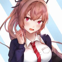  absurdres azur_lane blue_background blue_cardigan breasts brown_hair cardigan collared_shirt fangxingdeyinxue female highres large_breasts light_blush long_hair necktie no_eyewear official_alternate_costume open_cardigan open_clothes open_mouth red_eyes red_necktie school_uniform shirt simple_background solo striped striped_background striped_necktie swiftsure_(azur_lane) swiftsure_(study_hall_cyclamen)_(azur_lane) uniform upper_body white_background white_shirt wing_collar 