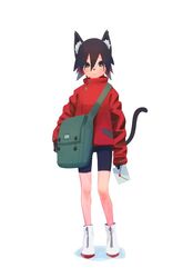  androgynous animal_ears bag bike_shorts black_eyes black_hair boots cat_ears cat_girl cat_tail commentary female hair_between_eyes jacket kunitarou-art long_sleeves original red_jacket short_hair shoulder_bag simple_background sleeves_past_wrists solo tail white_background white_footwear 