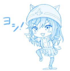  animal_ears arm_warmers asashio_(kancolle) blue_theme blush_stickers buttons collared_shirt dog_ears dog_tail female full_body genba_neko_(meme) gotou_hisashi hair_between_eyes hard_hat helmet kantai_collection long_hair meme monochrome open_mouth pleated_skirt pointing pose shadow shigoto_neko shirt short_sleeves simple_background skirt smile solo standing standing_on_one_leg suspender_skirt suspenders tail thighhighs white_background 