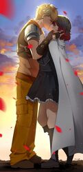  1boy armor blonde_hair cargo_pants cloak closed_eyes commentary commission commissioner_upload female gloves highres hug kissing lulu-chan92 pants petals red_hair rwby skirt straight summer_rose taiyang_xiao_long 