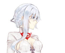  blue_eyes breasts cleavage closed_mouth dress female hair_between_eyes long_hair long_sleeves looking_to_the_side portrait rico_tta simple_background sinoalice snow_white_(sinoalice) solo white_background white_dress white_hair 