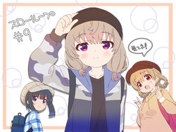  3girls :d adjusting_clothes adjusting_headwear alternate_hairstyle arm_at_side arm_up backpack bag black_bag black_hair black_headwear black_shirt blue_bag blue_eyes blue_hair blue_jacket blue_shirt blunt_bangs blunt_ends blush border braid braided_hair_rings brown_headwear brown_hoodie c: cabbie_hat camouflage camouflage_jacket casual closed_mouth copyright_name dark_blue_hair dot_nose double_v drawstring episode_number eyes_visible_through_hair floating_hair from_side grey_hair grey_headwear hair_behind_ear hair_between_eyes hair_rings hair_up hand_on_headwear hands_up hat hatching_(texture) hood hood_down hooded_jacket hoodie jacket light_brown_hair linear_hatching long_sleeves looking_at_viewer looking_to_the_side low_twintails minagi_hiyori minagi_koharu multiple_girls official_art open_clothes open_jacket open_mouth outside_border pink_bag pink_border plaid plaid_shirt puffy_long_sleeves puffy_sleeves purple_eyes red_eyes shirt short_hair short_twintails slow_loop smile speech_bubble split_mouth step-siblings straight-on t-shirt takimoto_shouko tareme tied_hair twin_braids twintails upper_body v v_arms white_background yoshinaga_koi 