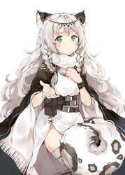  animal_ear_fluff animal_ears arknights belt blush bracelet braid capelet circlet cloak commentary_request female grey_eyes highres jewelry long_hair looking_at_viewer messy_hair necklace outstretched_hand pouch pramanix_(arknights) side_slit simple_background situmey solo tail thighhighs thighs white_background white_hair wristband 