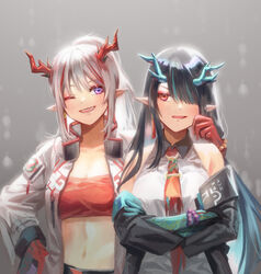  2girls ;d arknights bandeau black_hair black_jacket commentary_request dress dusk_(arknights) grey_background hair_over_one_eye horns jacket long_hair long_sleeves looking_at_another midriff mina_(o414) multiple_girls navel nian_(arknights) off_shoulder one_eye_closed open_clothes open_jacket open_mouth purple_eyes siblings sisters sleeveless sleeveless_dress smile stomach strapless tube_top upper_body white_dress white_hair white_jacket 