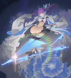  absurdres ass blade blue_eyes chinese_commentary commentary_request fate/extra fate/extra_ccc fate/grand_order fate_(series) female flying_kick frills highres kicking lens_flare long_coat long_hair meltryllis_(fate) meltryllis_(third_ascension)_(fate) photoshop_(medium) prosthesis prosthetic_leg purple_hair sleeves_past_fingers sleeves_past_wrists solo yurayura 