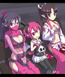  3girls asuka_cranekick bandages bench bento black_hair blush_stickers breasts check_commentary chopsticks cleavage collarbone commentary commentary_request demon_horns demon_tail demon_wings disgaea drinking_straw eating flat_chest frilled_skirt frills halcyon_(halcyon90) highres horns juice_box kunoichi_(disgaea) kyoko_needleworker large_breasts long_hair looking_at_viewer lunch makai_senki_disgaea_3 mask mouth_mask multiple_girls ninja ninja_mask one_eye_closed pants pantyhose photoshop_(medium) pink_eyes pink_hair pink_pants pink_scarf pink_skirt pointy_ears ponytail purple_eyes raspberyl rice samurai_(disgaea) sarashi scarf short_hair sidelocks sitting skirt small_breasts tail white_skirt wings wristband 