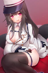  ass_visible_through_thighs azur_lane black_gloves black_hair black_thighhighs blush breasts buttons cleavage coat female fur-trimmed_coat fur_trim gloves gradient_background hat kelly_0w0 large_breasts long_hair long_sleeves looking_at_viewer open_mouth padded_coat pamiat_merkuria_(azur_lane) purple_eyes red_eyes russian_clothes shirt sitting smile solo thighhighs tongue tongue_out white_coat white_hat 