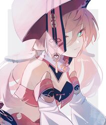  antlers breasts chinese_clothes cleavage closed_mouth crop_top detached_sleeves female genshin_impact green_eyes hat highres horns karamaru626 long_hair long_sleeves looking_at_viewer multicolored_hair pink_hair smile solo twitter_username white_hair yanfei_(genshin_impact) 