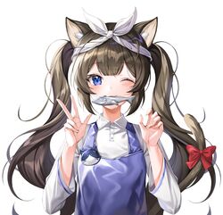  absurdres animal_ears bad_id bad_twitter_id blue_eyes blush bow brown_hair cat_ears cat_tail closed_mouth collared_shirt female fish food_in_mouth harusame_(user_wawj5773) highres long_hair looking_at_viewer mouth_hold one_eye_closed original red_bow shirt solo tail tail_bow tail_ornament twintails upper_body v white_background white_shirt 