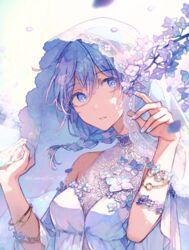  akagi_shun bangs blue_eyes blue_flower blue_hair blue_nails bracelet braid branch bridal_veil bride dress female flower halter_dress halterneck high_collar jewelry lace lace_veil light_smile medium_hair nail_polish original parted_lips petals solo twitter_username upper_body veil white_dress white_veil 