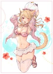  absurdres animal_ears arms_up ball bikini bikini_top_only blonde_hair bow breasts cat_ears cat_girl cat_tail cleavage collarbone facial_mark female final_fantasy final_fantasy_xiv flower full_body groin hairbow halterneck highres holding holding_ball jewelry jumping looking_at_viewer medium_breasts medium_hair miniskirt miqo&#039;te mokokoiro navel necklace oerba_yun_fang one_eye_closed open_clothes open_mouth open_shirt pink_bikini pink_bow pink_shirt pleated_skirt red_eyes red_flower sandals shirt skin_fang skirt solo swimsuit tail teeth thighhighs upper_teeth_only warrior_of_light_(ff14) white_skirt white_thighhighs 