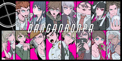  6+boys 6+girls :3 :o :p armband artist_name asahina_aoi bandaged_arm bandages baseball_bat black_background black_border black_gloves black_hair black_jacket black_nails black_shirt blonde_hair blood blue_eyes blue_hair blue_sailor_collar bonnet book border bow bracelet braid breasts brown_eyes brown_hair brown_shirt brown_skirt bullet buttons celestia_ludenberg chains chalk character_name chips_(food) chopsticks cleavage closed_mouth collarbone collared_shirt column_lineup commentary_request copyright_name cosplay covering_own_mouth crystal_ball danganronpa:_trigger_happy_havoc danganronpa_(series) doughnut dragon_print dreadlocks dress_shirt drill_hair ear_piercing earrings english_text enoshima_junko enoshima_junko_(cosplay) everyone facial_hair fat fat_man finger_to_head food freckles frilled_jacket frills from_side frown fujisaki_chihiro fukawa_toko gakuran glasses gloves goatee gothic_lolita green_eyes green_hoodie green_jacket grey_hair grey_jacket grey_shirt hagakure_yasuhiro hair_ornament hair_ribbon hairbow hairclip halftone halftone_background hand_in_own_hair hand_up hands_up hat heart highres holding holding_book holding_chalk holding_chopsticks holding_food hood hood_down hoodie ikusaba_mukuro index_finger_raised ishimaru_kiyotaka jacket jacket_on_shoulders jewelry kirigiri_kyoko knee_up kuwata_leon large_breasts large_hands leather leather_gloves lolita_fashion long_hair long_sleeves looking_at_viewer loose_necktie maizono_sayaka medium_breasts multicolored_hair multiple_boys multiple_girls muscular muscular_female naegi_makoto nail_polish neck_ribbon neckerchief necktie ogami_sakura open_book open_clothes open_jacket open_mouth open_shirt otoko_no_ko owada_mondo own_hands_together piercing pink_background pink_blood pink_bow pink_eyes playing_with_own_hair polka_dot_necktie pompadour purple_eyes purple_hair rabbit_hair_ornament red_eyes red_hair red_jacket red_necktie red_skirt ribbon ring round_eyewear sailor_collar scar scar_on_face school_uniform serafuku shirt short_hair side_braid simple_background skirt smile spoilers stubble tearing_up teeth tege_(tege_xxx) togami_byakuya tongue tongue_out tongue_piercing twin_braids twin_drills twintails two-tone_hair upper_body upper_teeth_only white_jacket white_necktie white_ribbon white_shirt yamada_hifumi zipper 