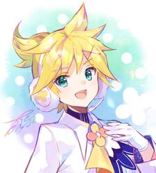  1boy bow bowtie commentary earmuffs formal fur-trimmed_gloves fur_trim fuzichoco gloves headphones headset highres kagamine_len looking_at_viewer magical_mirai_(vocaloid) magical_mirai_len magical_mirai_len_(2020_winter) male_focus open_mouth short_ponytail signature smile solo spiked_hair suit upper_body vocaloid white_gloves white_suit 