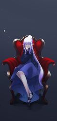  absurdres armchair black_sweater blue_footwear blue_skirt chair closed_mouth fate/grand_order fate_(series) female full_body grey_background hair_between_eyes hand_to_own_mouth high-waist_skirt high_heels high_ponytail highres long_hair long_skirt long_sleeves looking_at_viewer medea_(lily)_(fate) pointy_ears ponytail puffy_long_sleeves puffy_sleeves pumps purple_eyes purple_hair shin&#039;ya_(yukiura) sidelocks simple_background sitting skirt smile solo sweater very_long_hair white_hair 