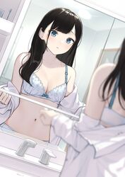  absurdres bare_shoulders bathroom black_hair blue_eyes blurry blurry_foreground bow bow_bra bra breasts commentary_request female highres long_hair looking_at_viewer medium_breasts mirror navel off_shoulder open_clothes open_shirt original parted_lips reflection shirt solo stomach takenoko_no_you underwear white_bra white_shirt 