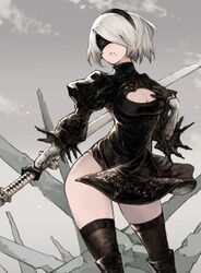  2b_(nier:automata) black_blindfold black_gloves black_hairband black_thighhighs blindfold boots breasts chobi_(sakuyasakuhana) cleavage cleavage_cutout clothing_cutout cloud feather_trim female gloves grey_sky hairband highres holding holding_sword holding_weapon knee_boots mole mole_under_mouth nier:automata nier_(series) parted_lips puffy_sleeves scabbard sheath sheathed short_hair sky solo standing sword thighhighs turtleneck weapon white_hair 