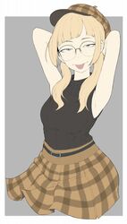  act-age arms_up belt black_belt blonde_hair breasts brown_hat closed_mouth commentary_request eyebrows female freckles glasses grey_eyes hat highres ina_(gokihoihoi) long_hair looking_at_viewer medium_breasts piercing plaid plaid_headwear plaid_skirt round_eyewear sanzaka_nanao skirt sleeveless smile solo tongue tongue_out tongue_piercing twintails upper_body 