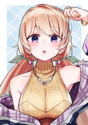  .live blonde_hair blush breasts cleavage commentary_request earrings female fingernails gyaru hair_ornament hcstyrus_ii highres jacket jewelry kogal large_breasts long_hair looking_at_viewer low_twintails nanahoshi_milily solo twintails virtual_youtuber 