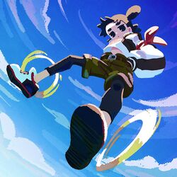  1boy belt black_eyes black_hair black_pantyhose blue_sky camouflage camouflage_shorts cloud cloudy_sky day double_bun from_below hair_bun hands_in_pockets highres kunitarou-art long_sleeves looking_at_viewer luo_xiaohei_zhanji male_focus nezha_(the_legend_of_luoxiaohei) outdoors pantyhose pantyhose_under_shorts puffy_long_sleeves puffy_sleeves shoes shorts sky solo upshirt 