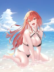  absurdres bare_arms bare_legs bare_shoulders barefoot beach bikini breasts day eris_greyrat feet female highres large_breasts long_hair looking_at_viewer mushoku_tensei navel ocean open_mouth outdoors rausu_(undeadmachine) red_eyes red_hair string_bikini swimsuit water 