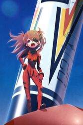  blue_eyes blue_sky bodysuit brown_hair day evangelion:_3.0_you_can_(not)_redo eyepatch female highres kunitarou-art legs_apart long_hair looking_at_viewer multicolored_bodysuit multicolored_clothes neon_genesis_evangelion open_mouth outdoors pilot_suit plugsuit rebuild_of_evangelion red_bodysuit science_fiction sky solo souryuu_asuka_langley standing wide_shot 